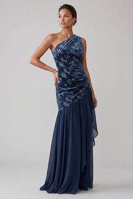 Navy Floral Velvet Sheath One Shoulder Long Mother of the Bride Dress