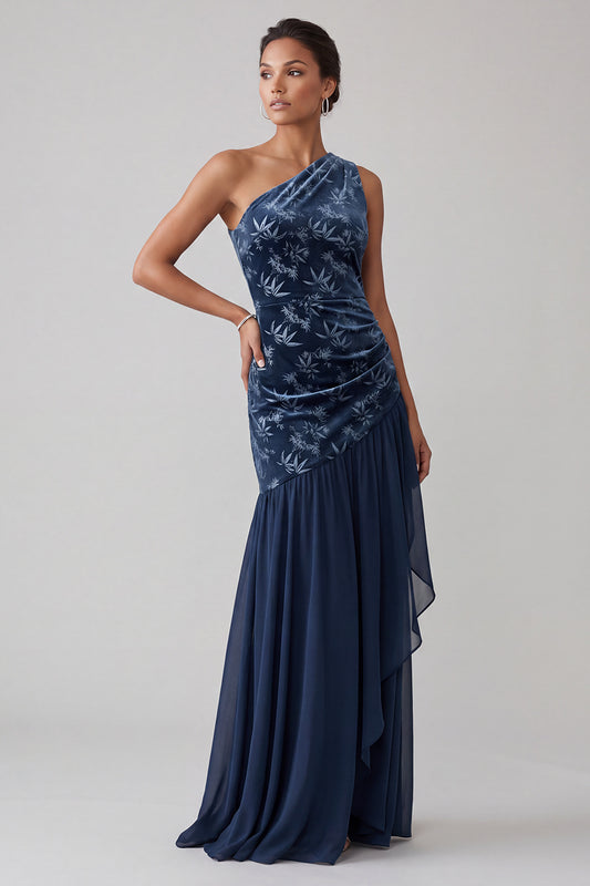 Navy Floral Velvet Sheath One Shoulder Long Mother of the Bride Dress