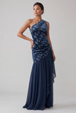 Navy Floral Velvet Sheath One Shoulder Long Mother of the Bride Dress