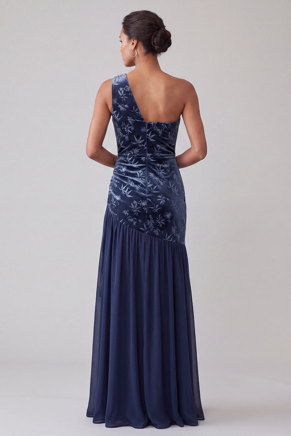 Navy Floral Velvet Sheath One Shoulder Long Mother of the Bride Dress