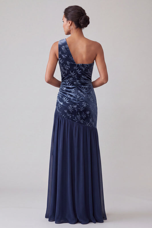 Navy Floral Velvet Sheath One Shoulder Long Mother of the Bride Dress