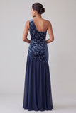 Navy Floral Velvet Sheath One Shoulder Long Mother of the Bride Dress