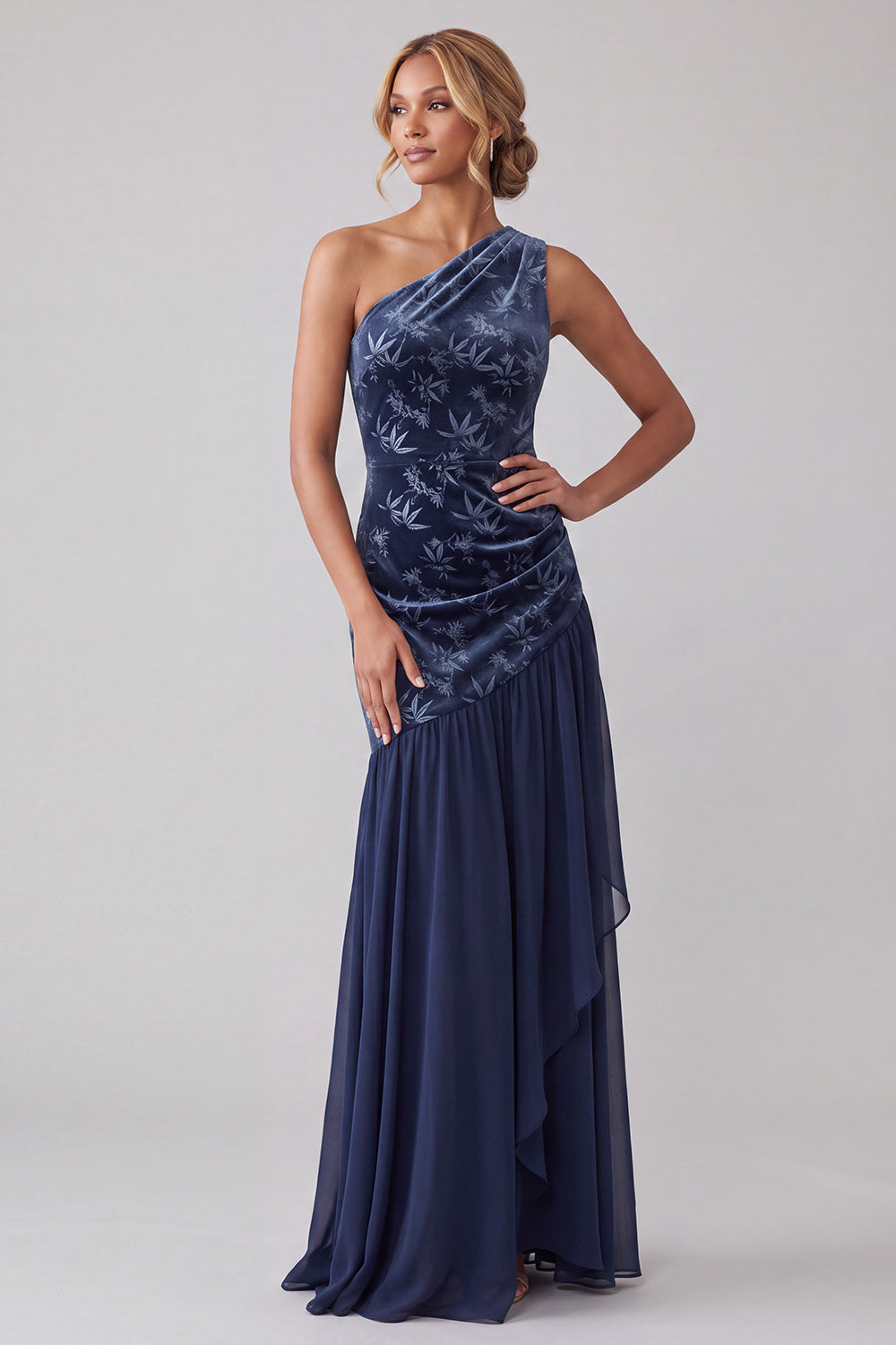 Navy Floral Velvet Sheath One Shoulder Long Mother of the Bride Dress