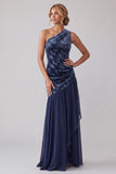 Navy Floral Velvet Sheath One Shoulder Long Mother of the Bride Dress