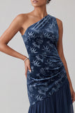 Navy Floral Velvet Sheath One Shoulder Long Mother of the Bride Dress