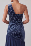 Navy Floral Velvet Sheath One Shoulder Long Mother of the Bride Dress