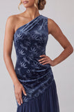 Navy Floral Velvet Sheath One Shoulder Long Mother of the Bride Dress