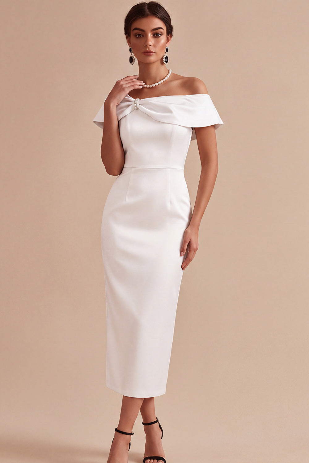 White Bodycon Off the Shoulder Midi Engagement Dress with Pearls