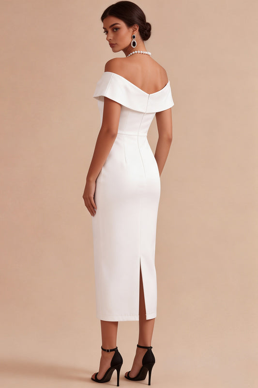 White Bodycon Off the Shoulder Midi Engagement Dress with Pearls