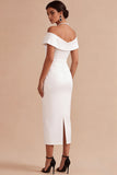 White Bodycon Off the Shoulder Midi Engagement Dress with Pearls
