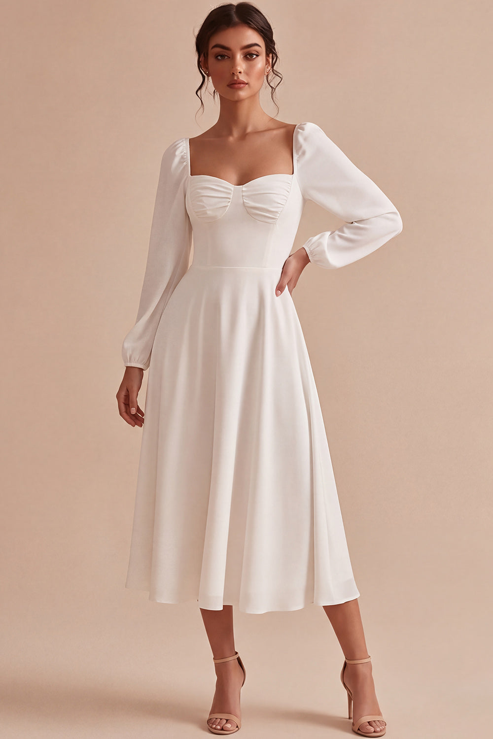 White A Line Chiffon Ruched Midi Engagement Dress with Sleeves