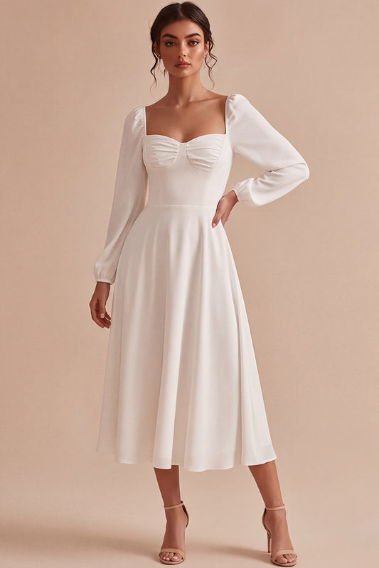 White A Line Chiffon Ruched Midi Engagement Dress with Sleeves