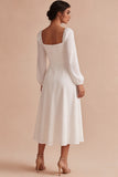 White A Line Chiffon Ruched Midi Engagement Dress with Sleeves