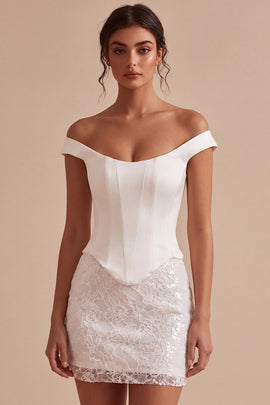 White Lace Sequin Corset Off the Shoulder Tight Short Graduation Dress