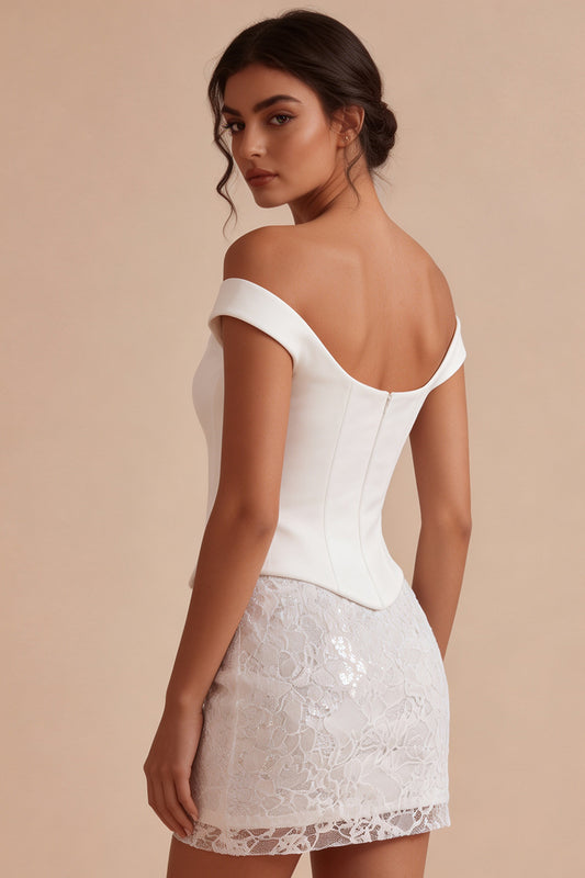 White Lace Sequin Corset Off the Shoulder Tight Short Graduation Dress