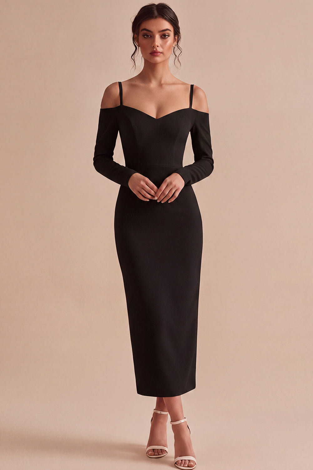 White Sheath Cold Shoulder Maxi Engagement Dress with Sleeves
