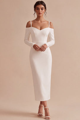 White Sheath Cold Shoulder Maxi Engagement Dress with Sleeves