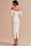 White Sheath Cold Shoulder Maxi Engagement Dress with Sleeves