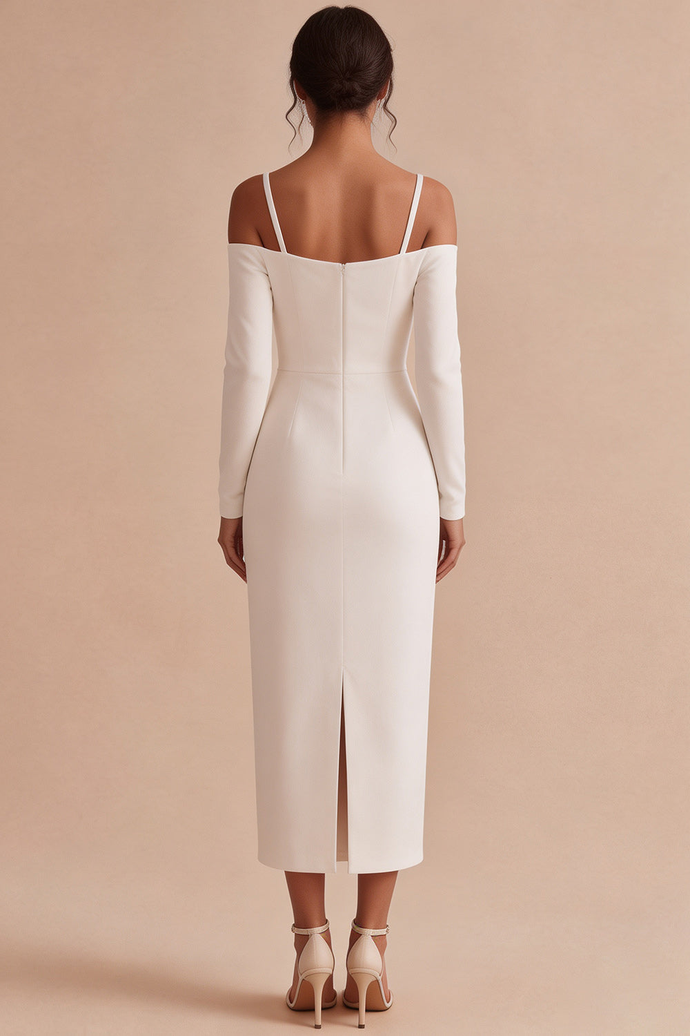 White Sheath Cold Shoulder Maxi Engagement Dress with Sleeves