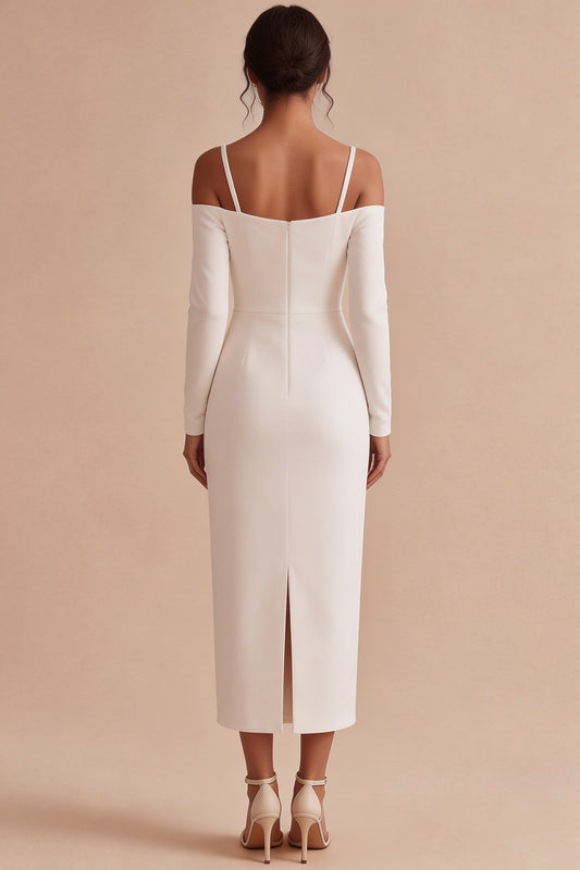 White Sheath Cold Shoulder Maxi Engagement Dress with Sleeves