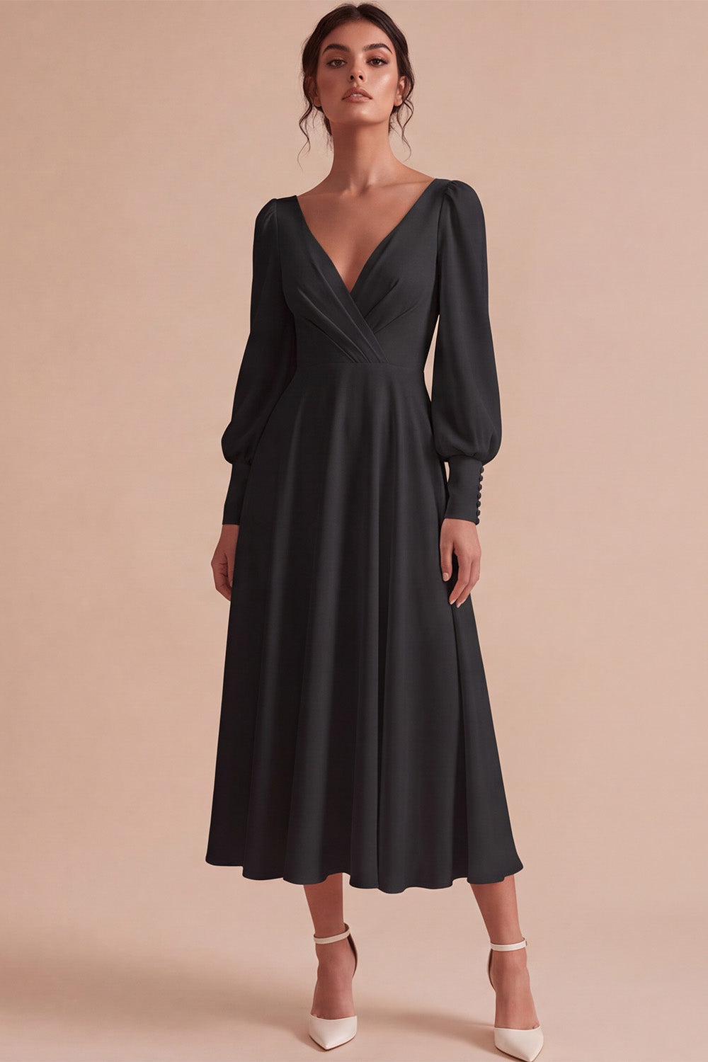 White A Line Ruched V-Neck Puff Sleeves Midi Engagement Dress