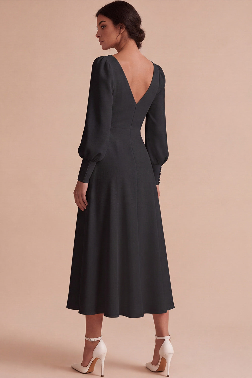 White A Line Ruched V-Neck Puff Sleeves Midi Engagement Dress