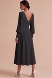 White A Line Ruched V-Neck Puff Sleeves Midi Engagement Dress