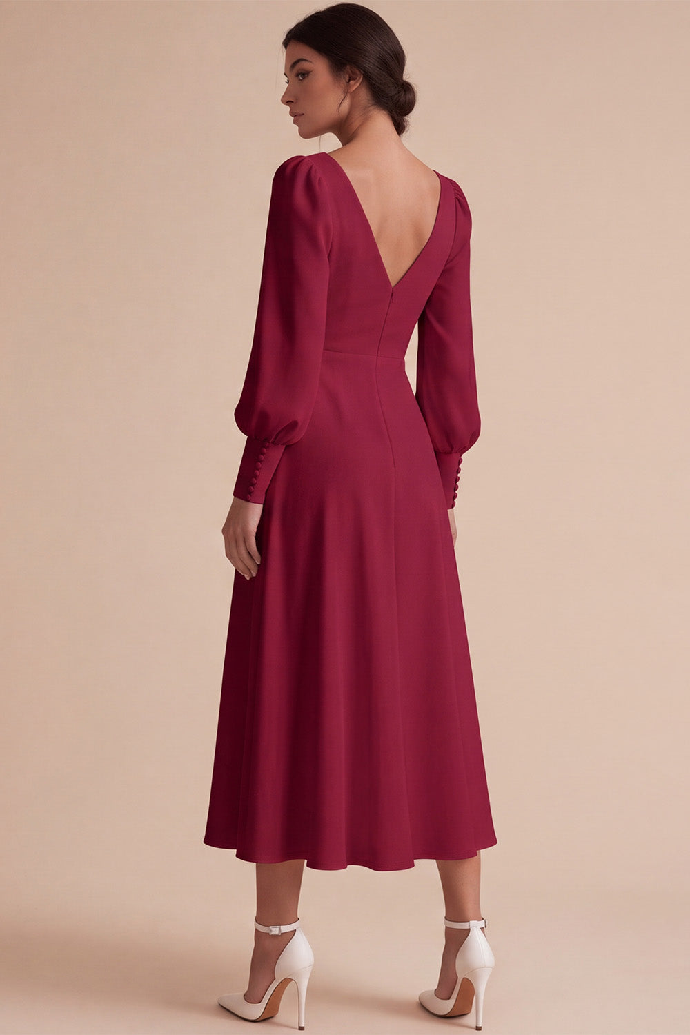 White A Line Ruched V-Neck Puff Sleeves Midi Engagement Dress