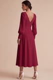 White A Line Ruched V-Neck Puff Sleeves Midi Engagement Dress