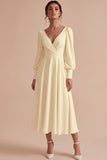 White A Line Ruched V-Neck Puff Sleeves Midi Engagement Dress