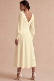 White A Line Ruched V-Neck Puff Sleeves Midi Engagement Dress