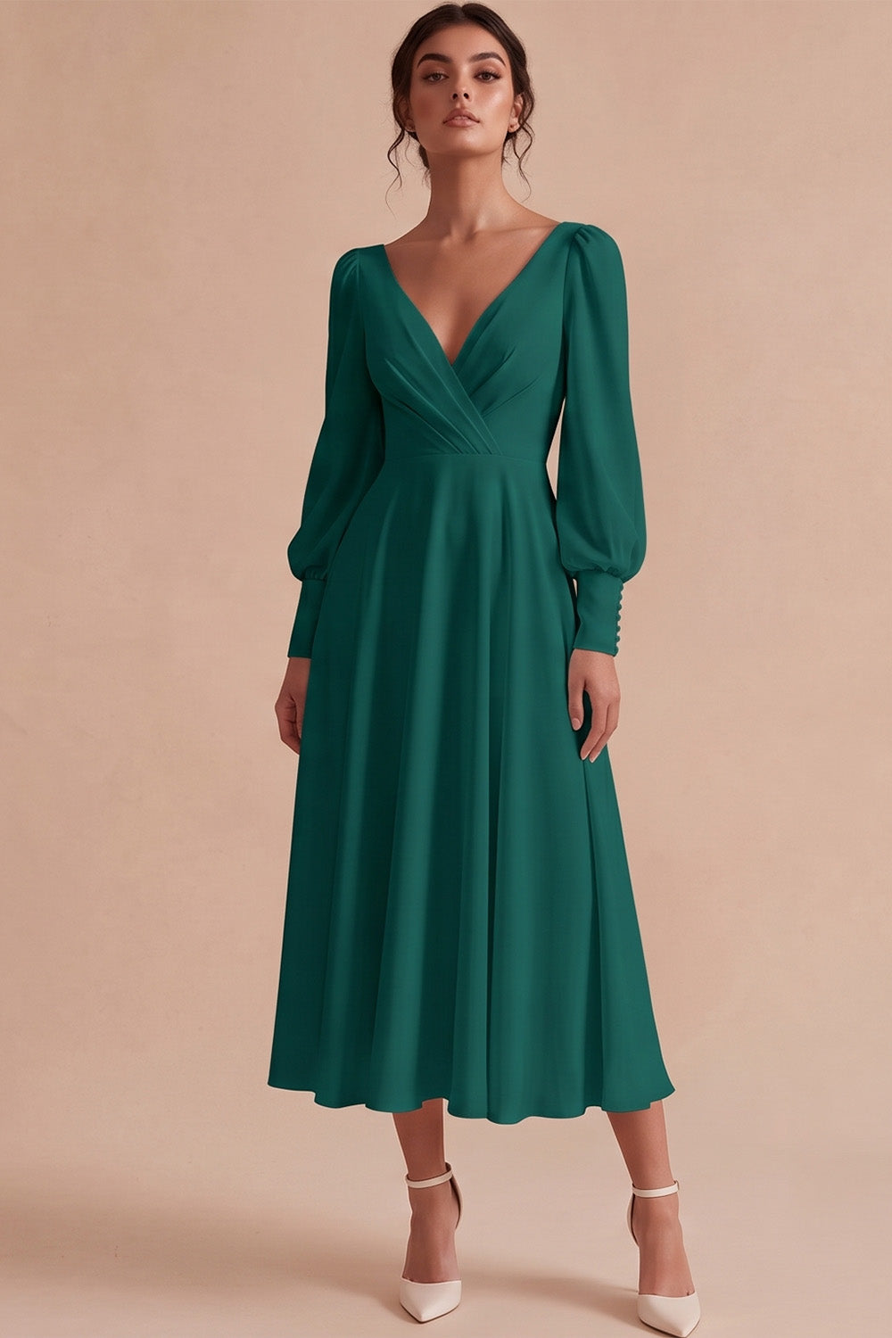 White A Line Ruched V-Neck Puff Sleeves Midi Engagement Dress