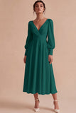 White A Line Ruched V-Neck Puff Sleeves Midi Engagement Dress