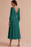 White A Line Ruched V-Neck Puff Sleeves Midi Engagement Dress