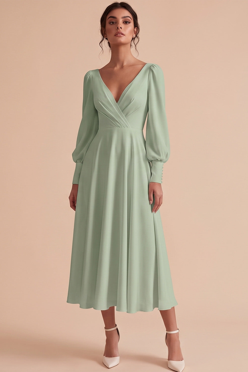 White A Line Ruched V-Neck Puff Sleeves Midi Engagement Dress