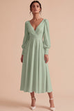 White A Line Ruched V-Neck Puff Sleeves Midi Engagement Dress