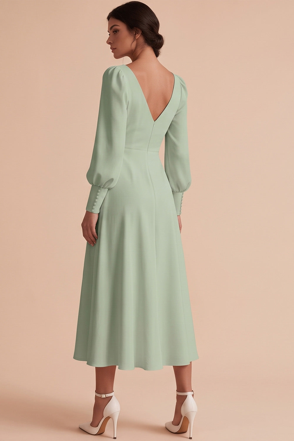 White A Line Ruched V-Neck Puff Sleeves Midi Engagement Dress