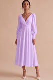 White A Line Ruched V-Neck Puff Sleeves Midi Engagement Dress