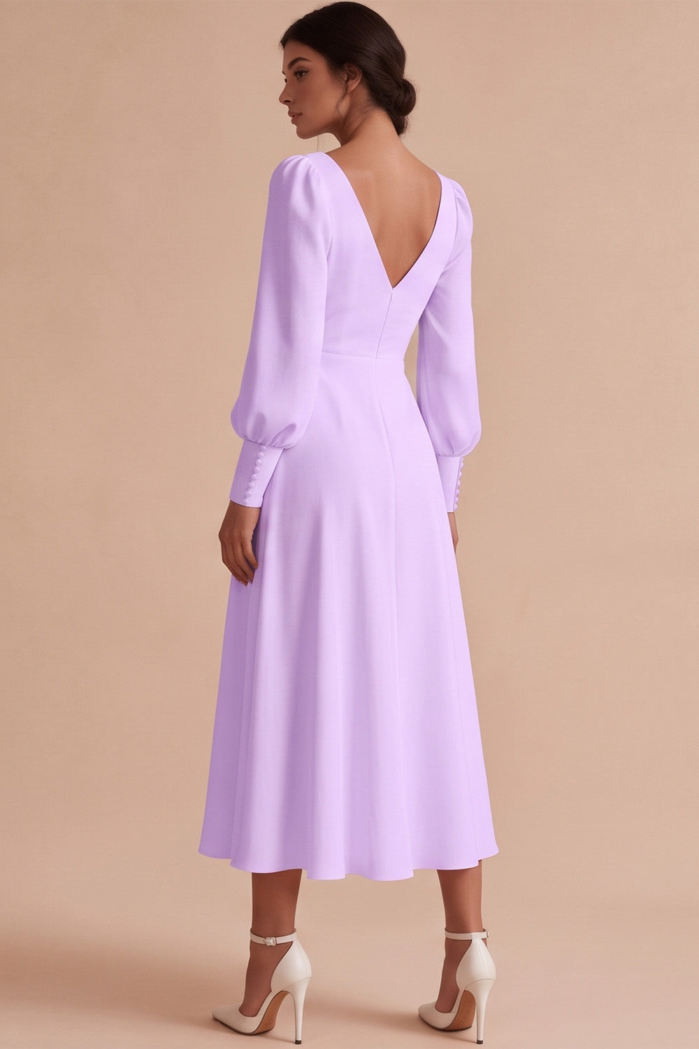 White A Line Ruched V-Neck Puff Sleeves Midi Engagement Dress