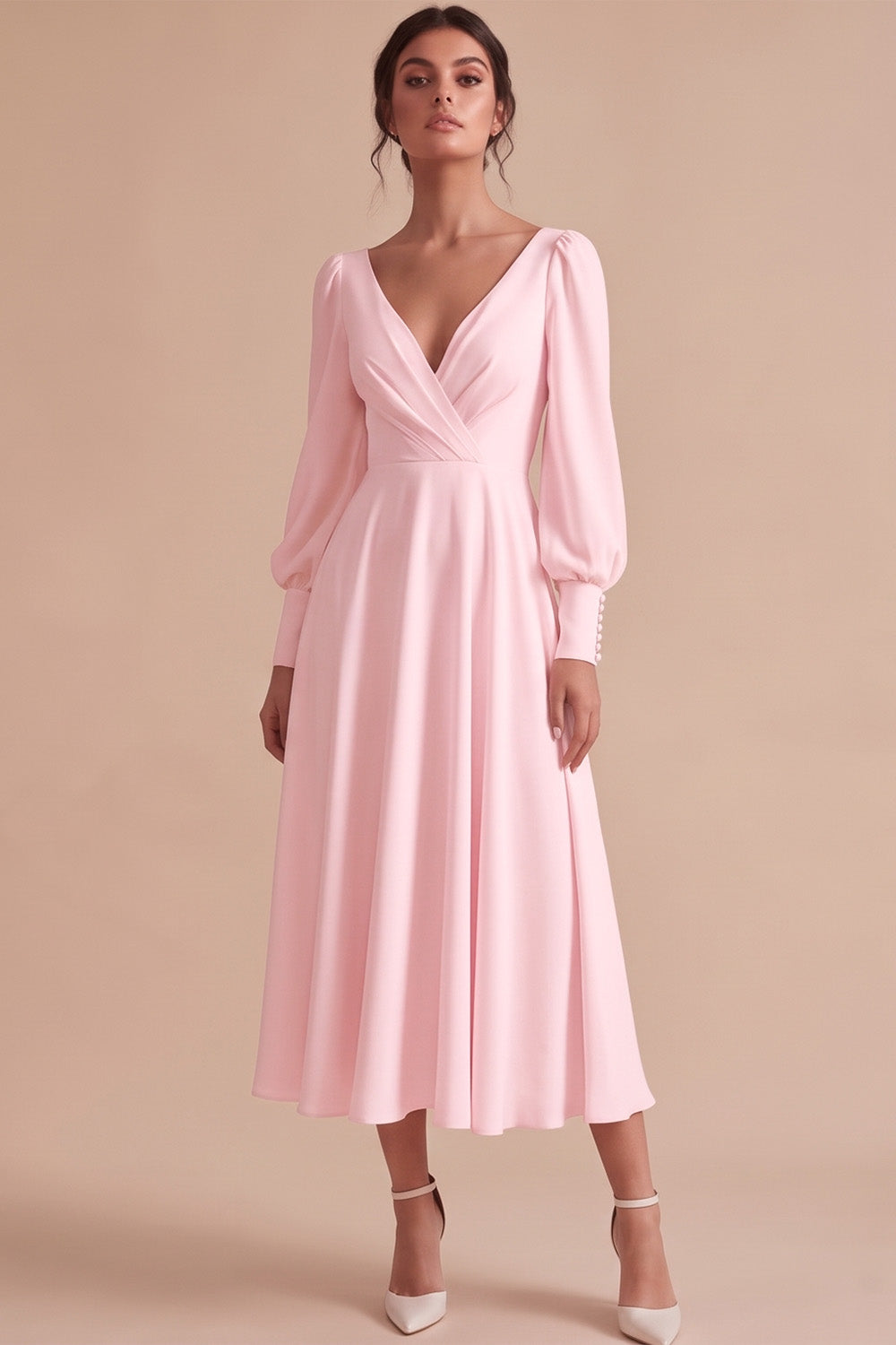 White A Line Ruched V-Neck Puff Sleeves Midi Engagement Dress