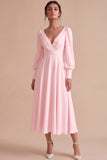 White A Line Ruched V-Neck Puff Sleeves Midi Engagement Dress