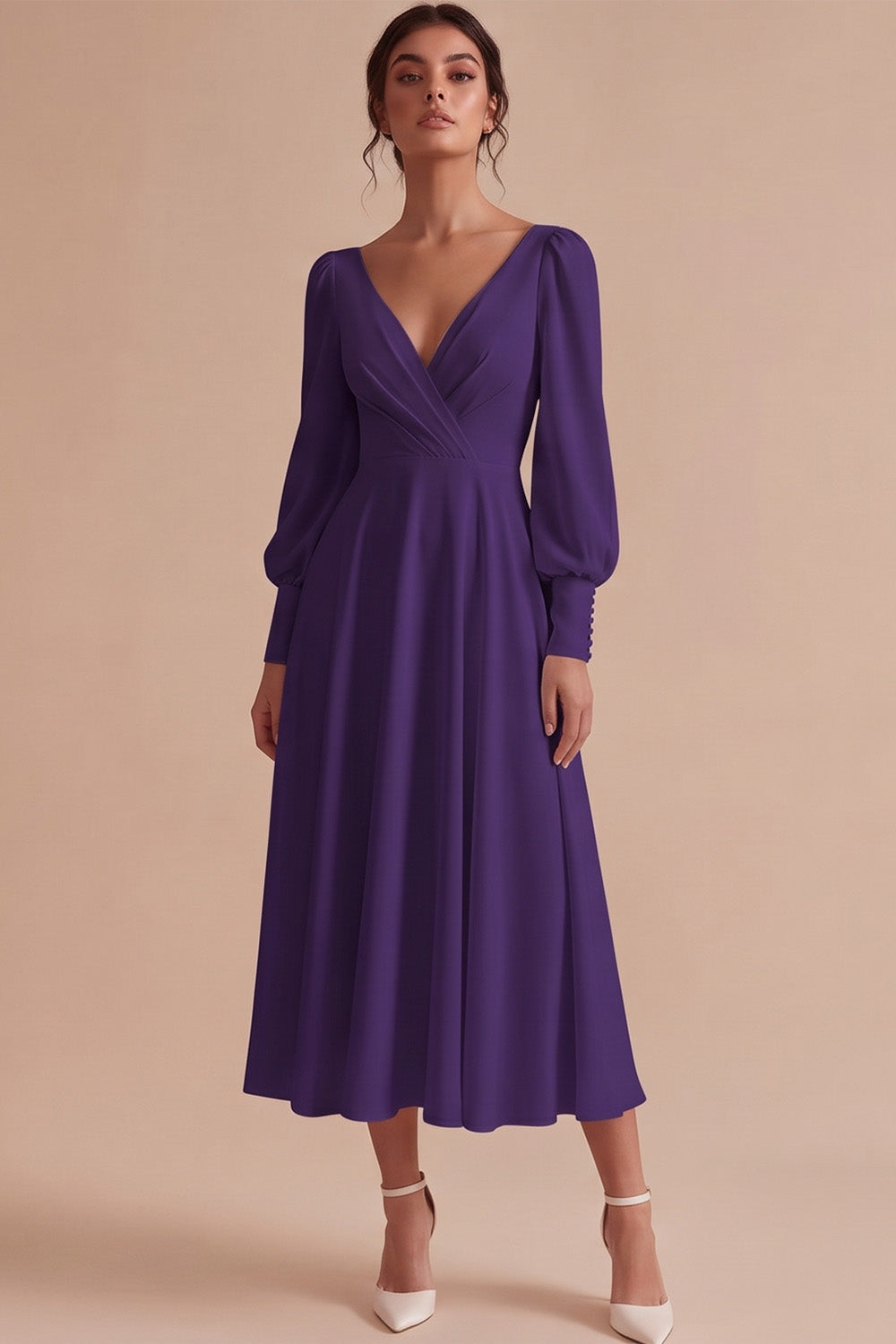 White A Line Ruched V-Neck Puff Sleeves Midi Engagement Dress
