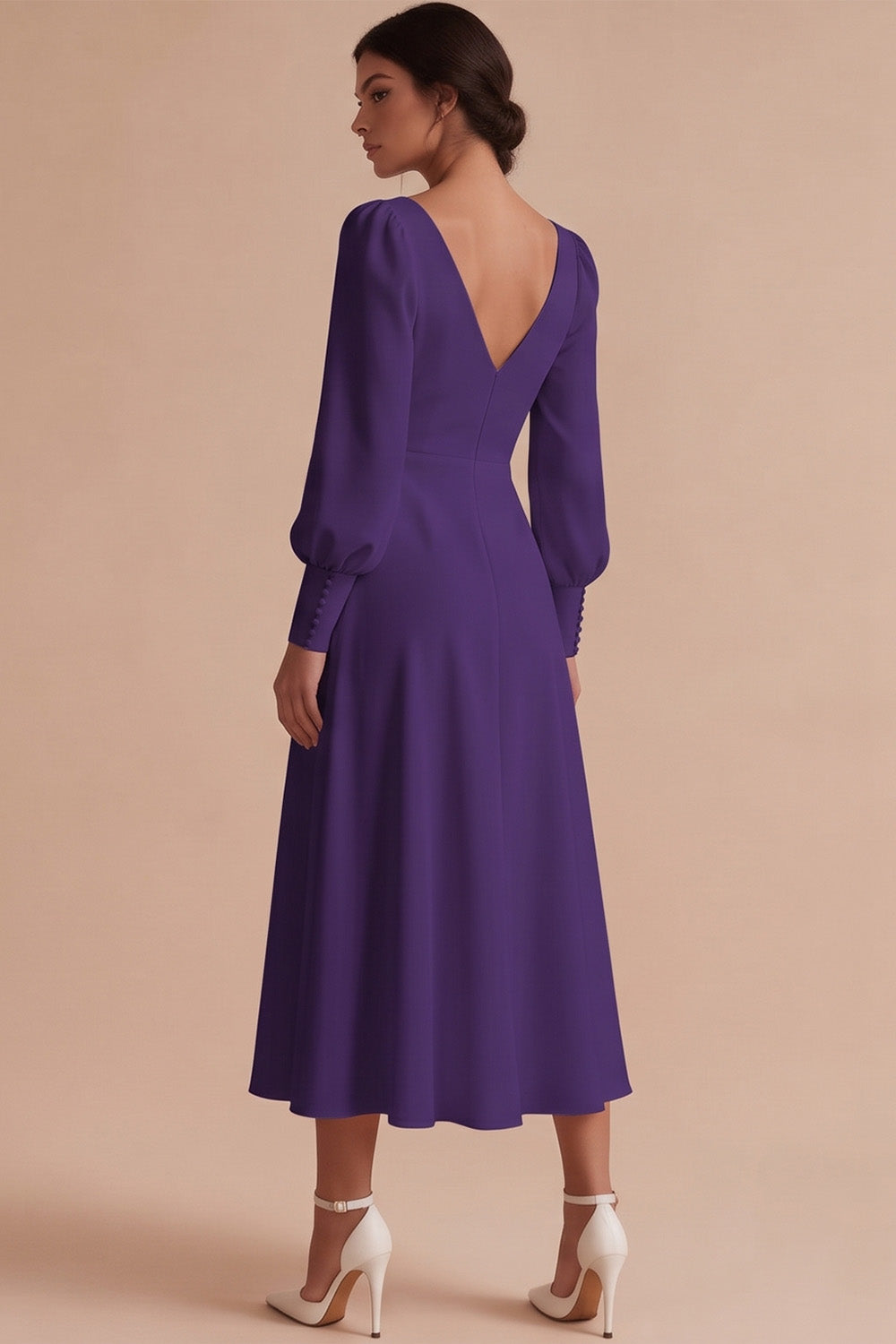 White A Line Ruched V-Neck Puff Sleeves Midi Engagement Dress