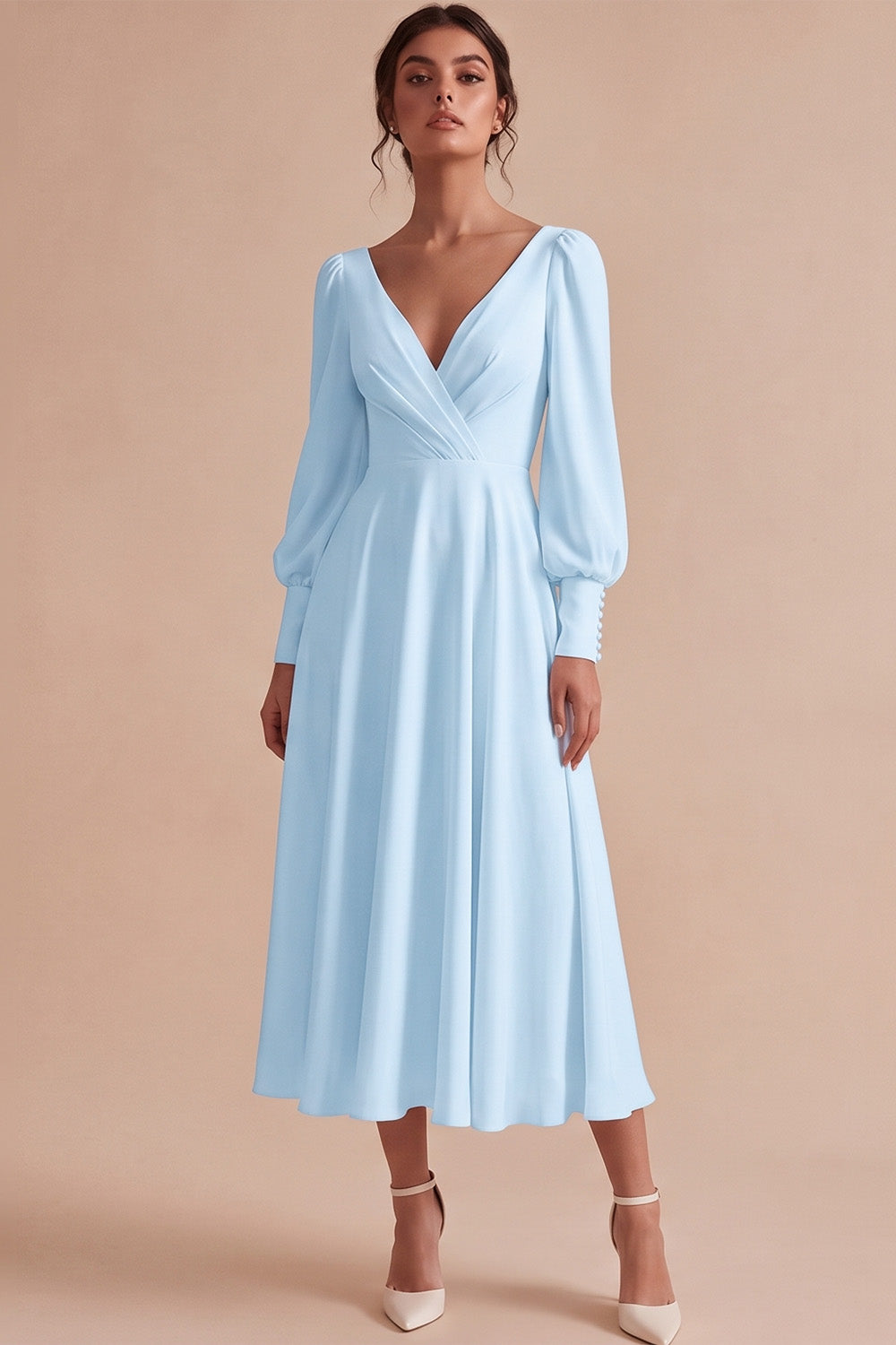 White A Line Ruched V-Neck Puff Sleeves Midi Engagement Dress