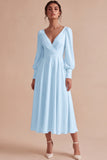 White A Line Ruched V-Neck Puff Sleeves Midi Engagement Dress