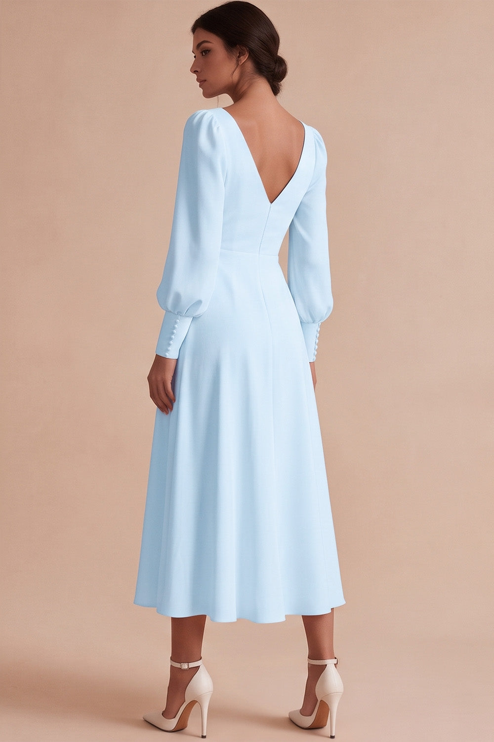 White A Line Ruched V-Neck Puff Sleeves Midi Engagement Dress