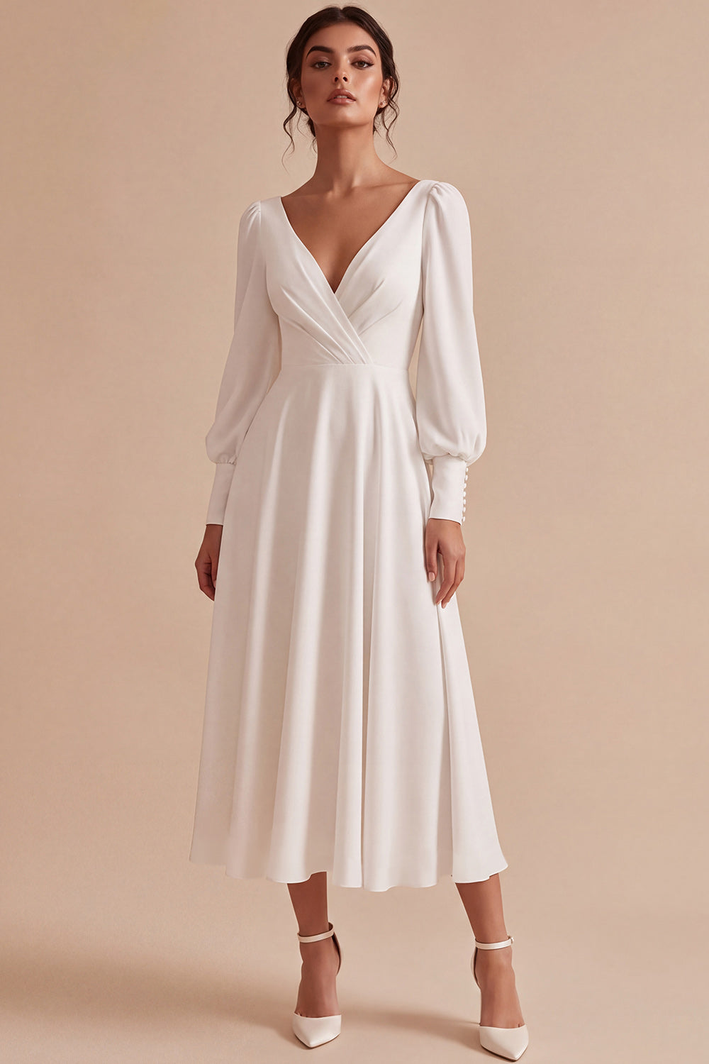 White A Line Ruched V-Neck Puff Sleeves Midi Engagement Dress