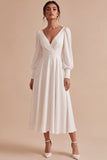 White A Line Ruched V-Neck Puff Sleeves Midi Engagement Dress