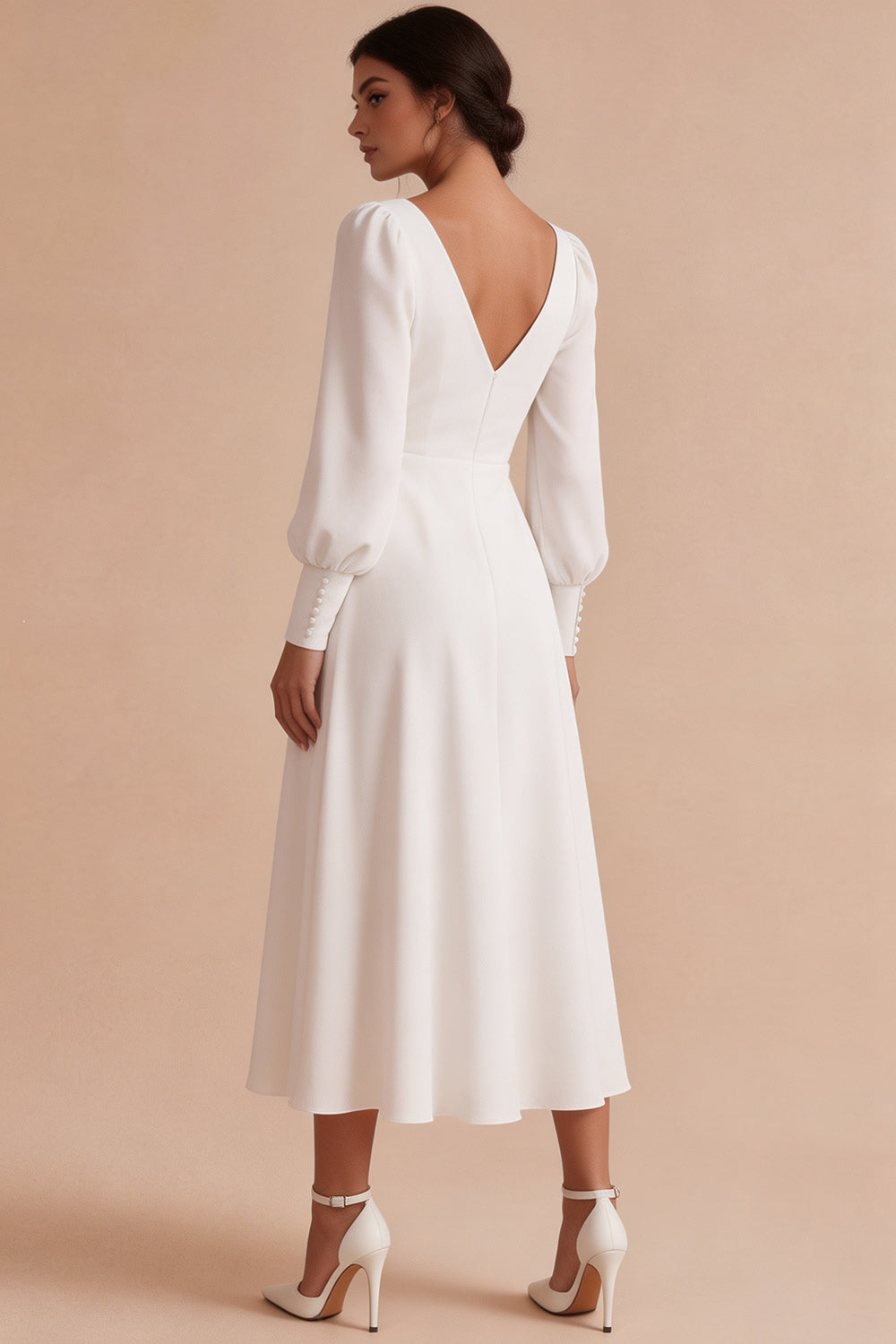 White A Line Ruched V-Neck Puff Sleeves Midi Engagement Dress