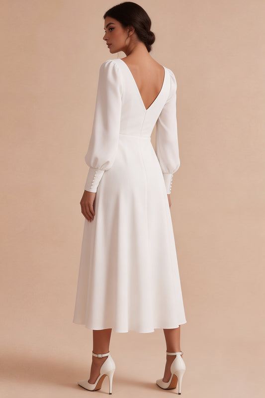 White A Line Ruched V-Neck Puff Sleeves Midi Engagement Dress